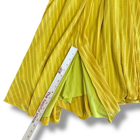 Chartreuse Pleated Wrap Dress Long Sleeve Asym Hem Midi Yellow Women - Picture 5 of 11